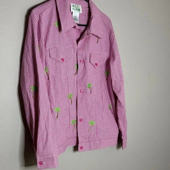 The Quaker Factory Vintage Gingam Palm trees Button Down Top size small - Picture 2 of 7